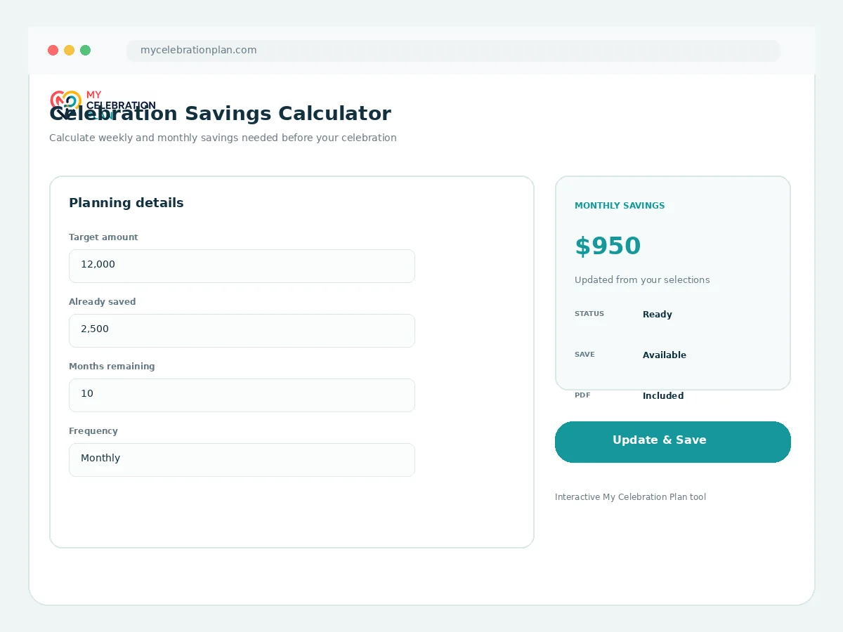 Celebration Savings Calculator interactive tool preview