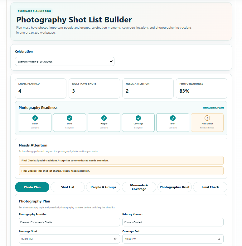 Photography Shot List Builder preview