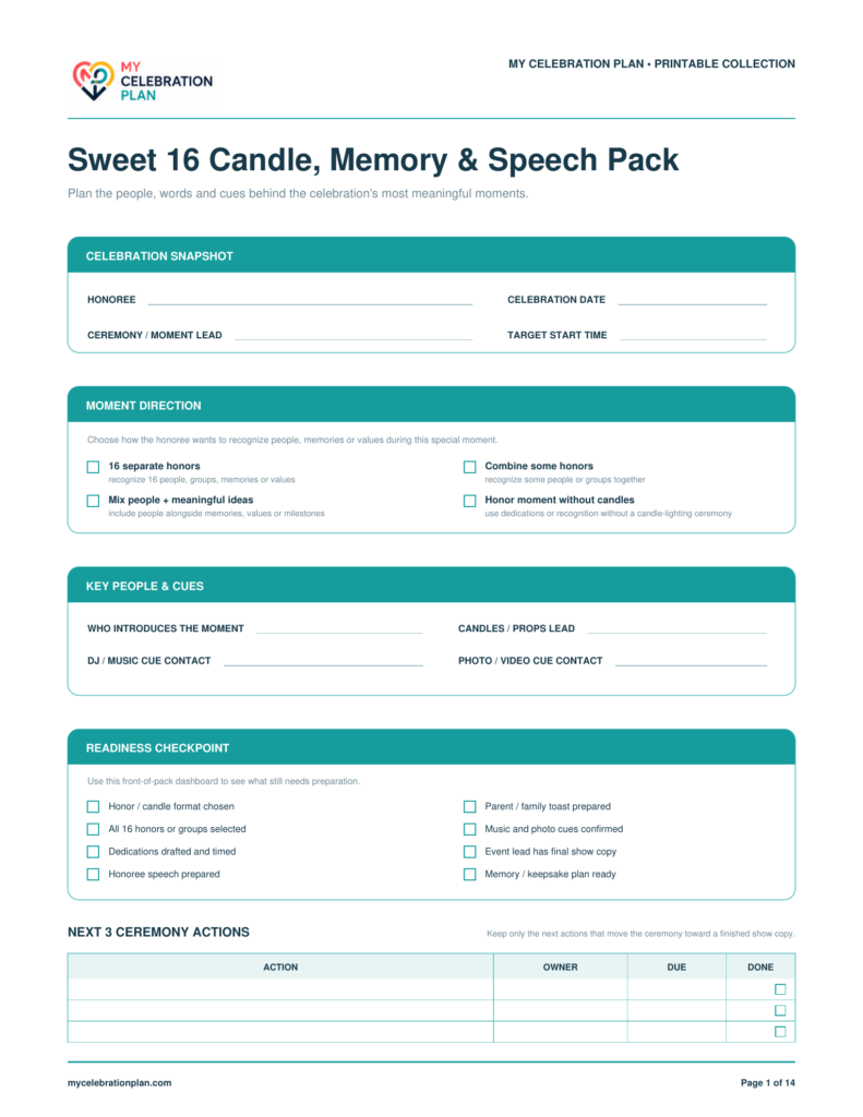 Sweet 16 Candle, Memory & Speech Pack preview