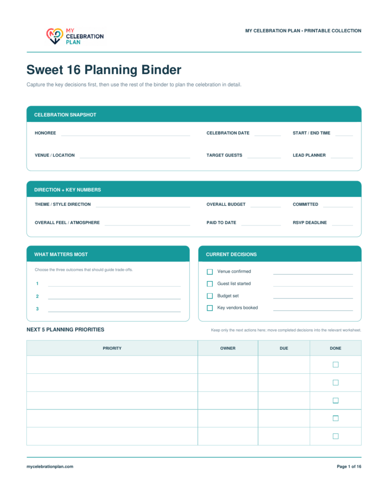 Sweet 16 Planning Binder preview